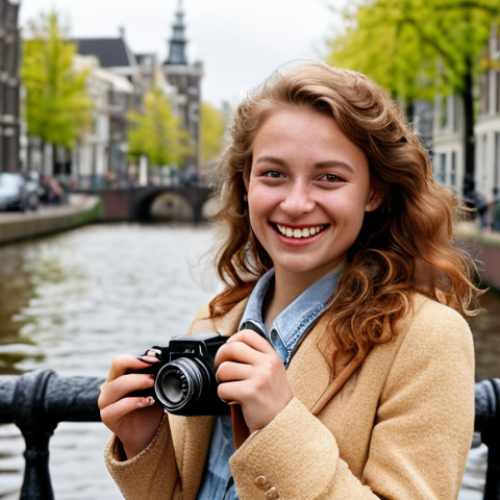 **

A stylish Dutch woman in her 20s, outdoors in Amsterdam, showcasing a vintage-inspired outfit. She's holding a DSLR camera, smiling confidently. The background features a canal and classic Dutch architecture. Focus on high-quality, natural lighting and a slightly editorial feel. The prompt should suggest a scene reflecting "high-quality photos" as described in the blog post.

**