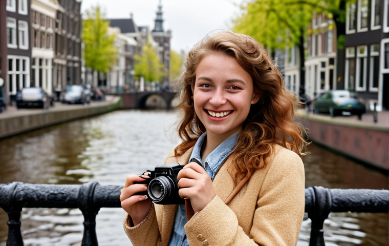 **

A stylish Dutch woman in her 20s, outdoors in Amsterdam, showcasing a vintage-inspired outfit. She's holding a DSLR camera, smiling confidently. The background features a canal and classic Dutch architecture. Focus on high-quality, natural lighting and a slightly editorial feel. The prompt should suggest a scene reflecting "high-quality photos" as described in the blog post.

**