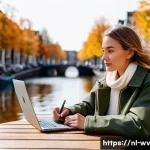 Home 20 부업으로 가능한 패션 블로깅 - A stylish Dutch female fashion blogger in her late 20s sitting at a cozy Amsterdam café terrace duri...