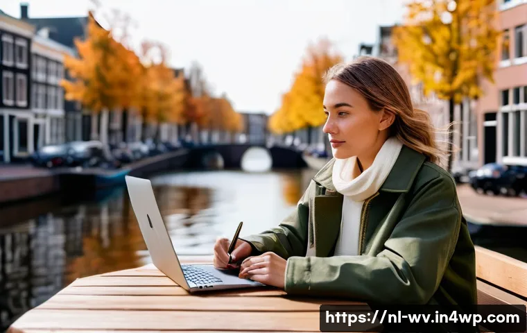 부업으로 가능한 패션 블로깅 - A stylish Dutch female fashion blogger in her late 20s sitting at a cozy Amsterdam café terrace duri...