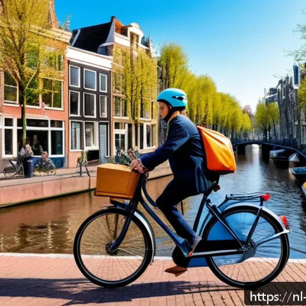 전문가로서의 부업 기회 찾기 - A vibrant Dutch urban scene showing a young adult delivering food on a bicycle through Amsterdam’s c...