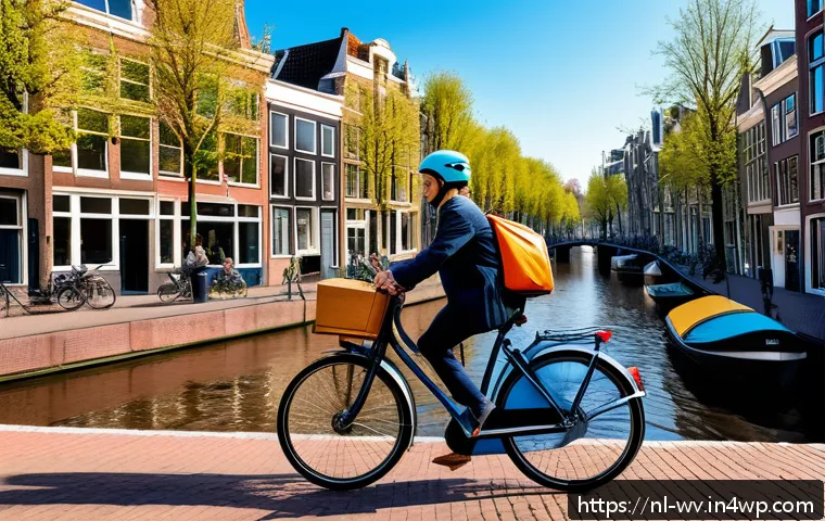 전문가로서의 부업 기회 찾기 - A vibrant Dutch urban scene showing a young adult delivering food on a bicycle through Amsterdam’s c...