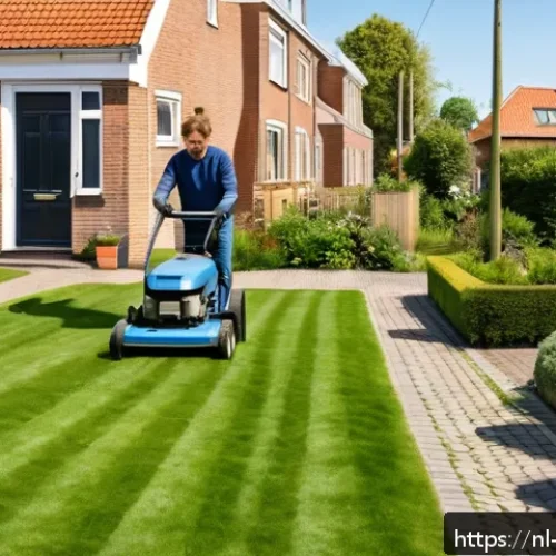 Home 17 주말에 할 수 있는 간단한 부업 아이디어 - A friendly Dutch neighborhood scene on a sunny weekend morning, showing a young adult mowing the law...