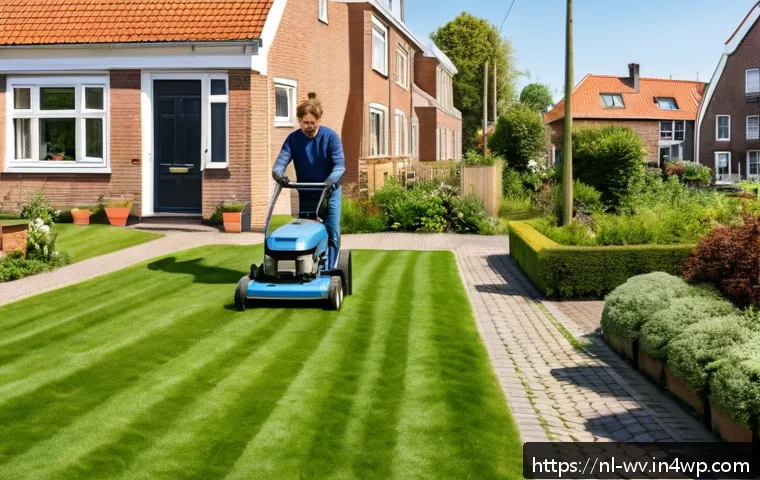 주말에 할 수 있는 간단한 부업 아이디어 - A friendly Dutch neighborhood scene on a sunny weekend morning, showing a young adult mowing the law...