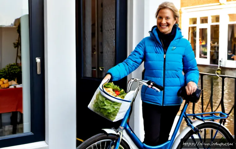 Home 17 주말에 가능한 건강식 배달 서비스 - Photorealistic weekend healthy meal delivery at a bright Dutch apartment doorway, friendly courier i...